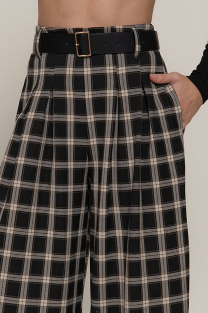 Belted Plaid Wide Long Pants