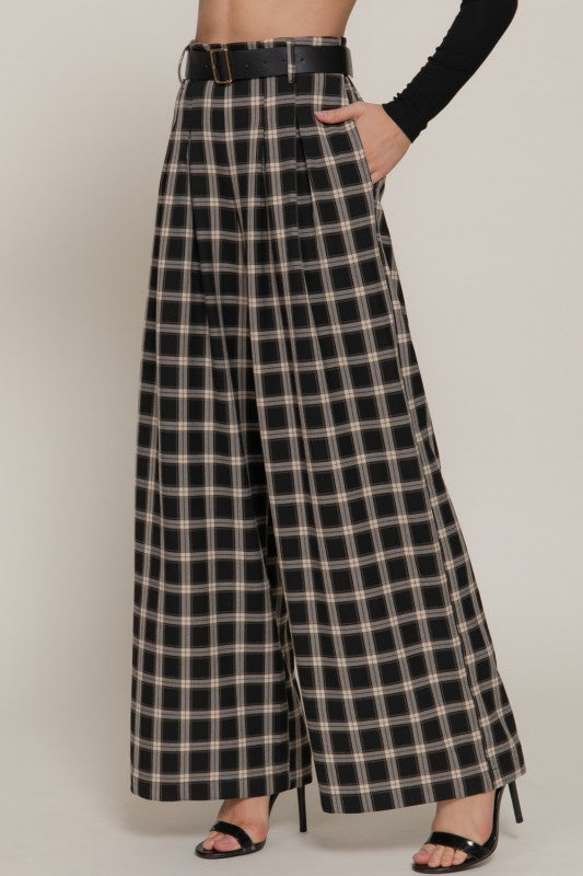 Belted Plaid Wide Long Pants