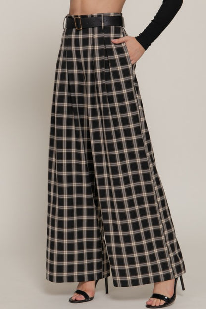 Belted Plaid Wide Long Pants