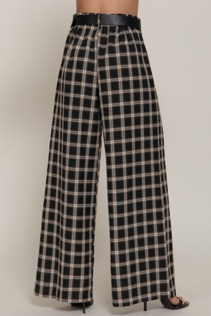 Belted Plaid Wide Long Pants