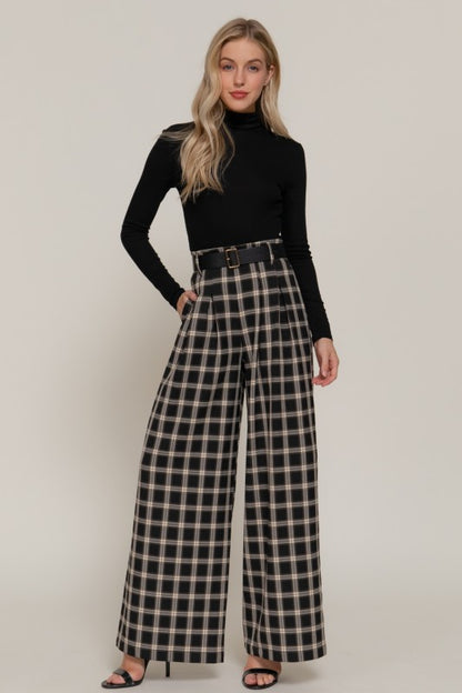 Belted Plaid Wide Long Pants
