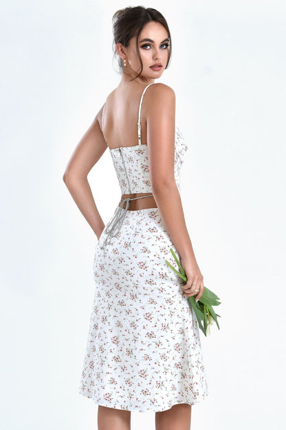 Mary White Floral Slit Skirt with Crystal