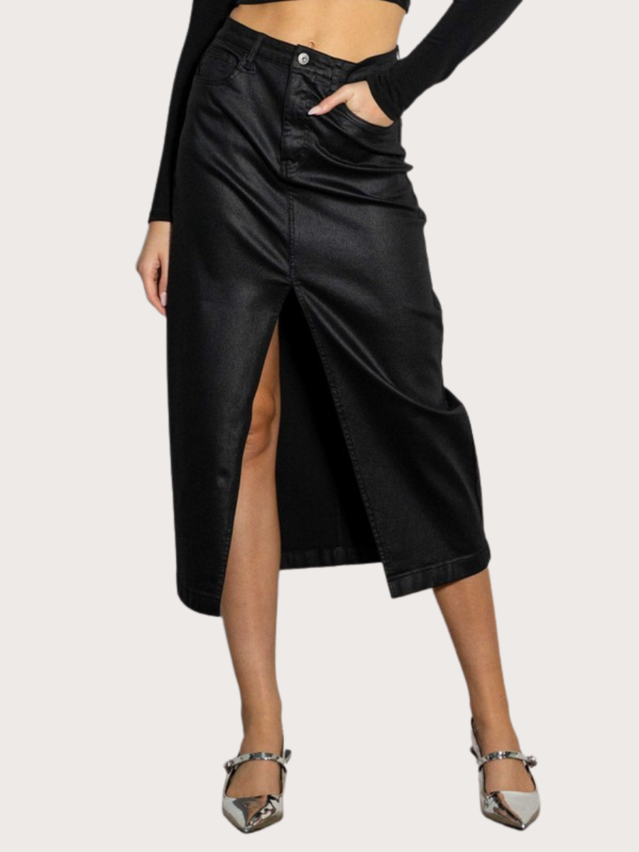 Front Slit Midi Coated Skirt