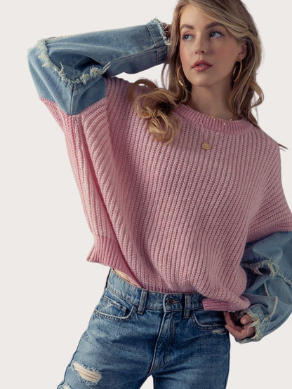 Denim Sleeve Knit Sweater