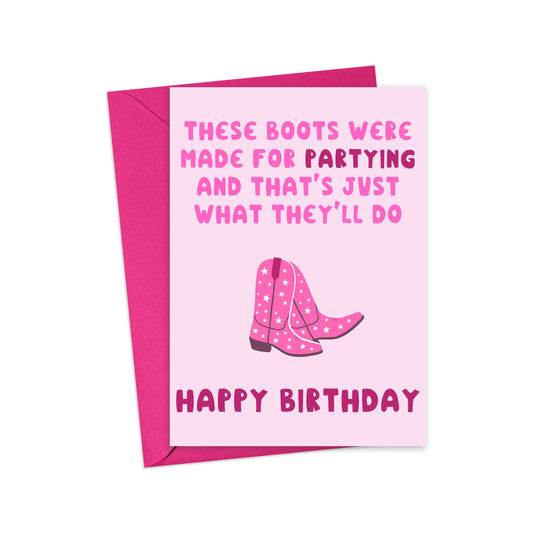 Pink Cowboy Boots Birthday Card - Cowgirl Greeting Cards