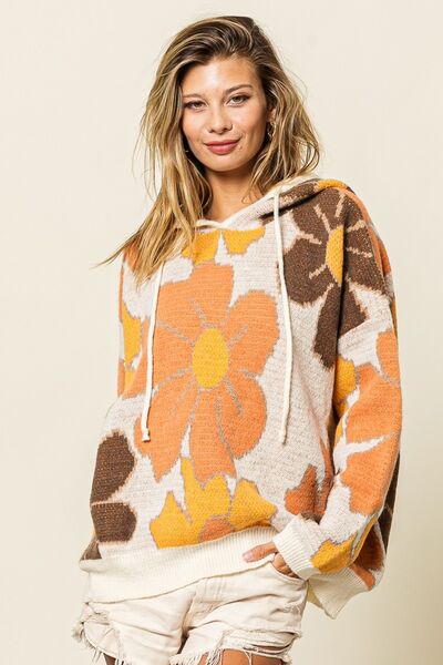 Flower Pattern Drawstring Hooded Sweater