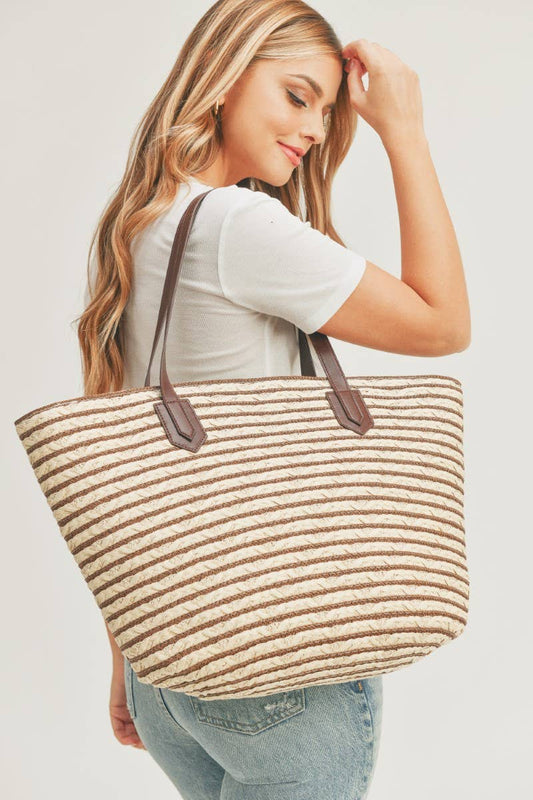 Wide Striped Straw Braided Tote Bag