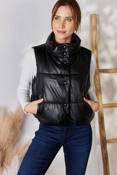 Faux Leather Snap and Zip Closure Vest Coat